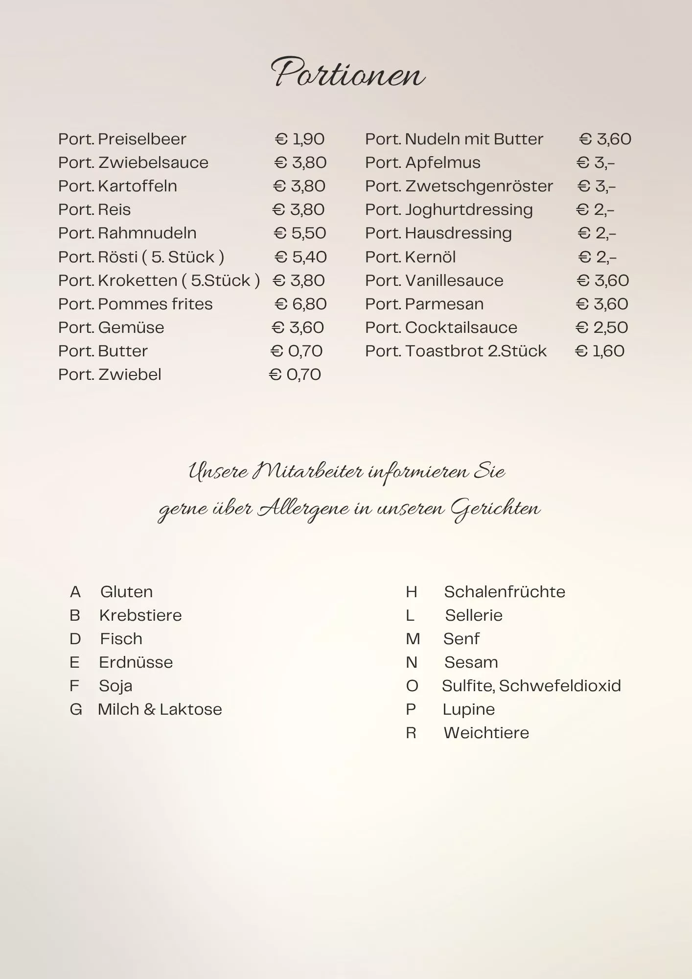 Preise zu Extra-Portionen und Hinweis auf Allergene